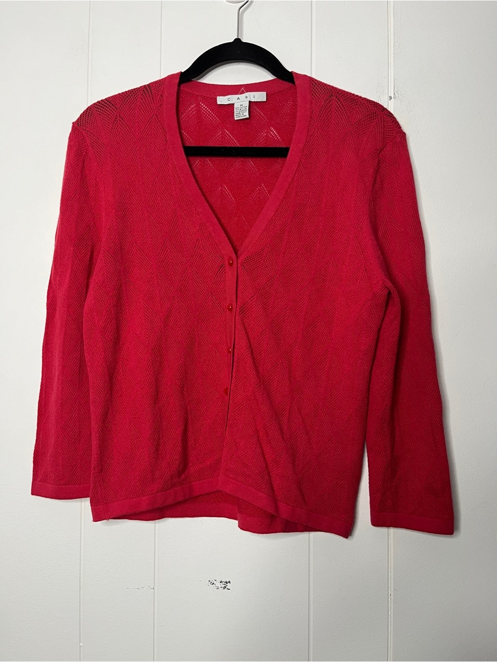 CAbi Red V-Neck Button Cardigan Sweater 3/4 Sleeves Diamond Pattern Size M